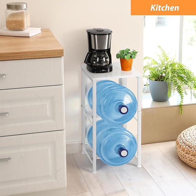 White Water Bottle Holder 5 Gallon Water Jug Holder Stand with Shelf, 5 Gal Water Cooler Jug Rack Water Bottle Storage Organizer for Living Room, Kitchen, Office, Garage