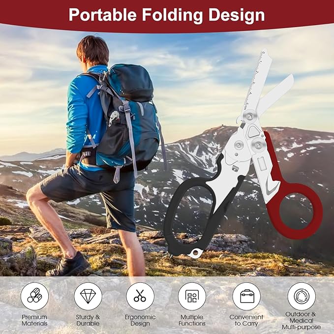 6 in 1 Multifunctional Combination Tool, Folding Retractable Emergency Shears, Outdoor Camping Tools, Seat Belt Cutter, Oxygen Cylinder Wrench, Complimentary Adjustable Wrench (dark red)