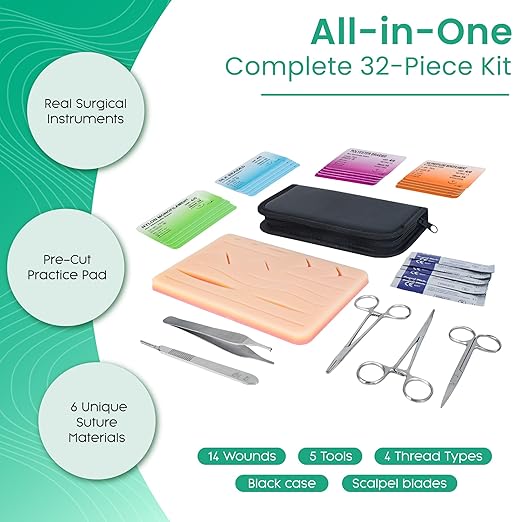 Suture Practice Kit for Medical Students | 32-Piece Complete Set with Large Suturing Pad, 5-Piece Tool Kit, Pre-Cut Wounds & Multi-Type Suture Threads | Ideal for Training & Demonstration