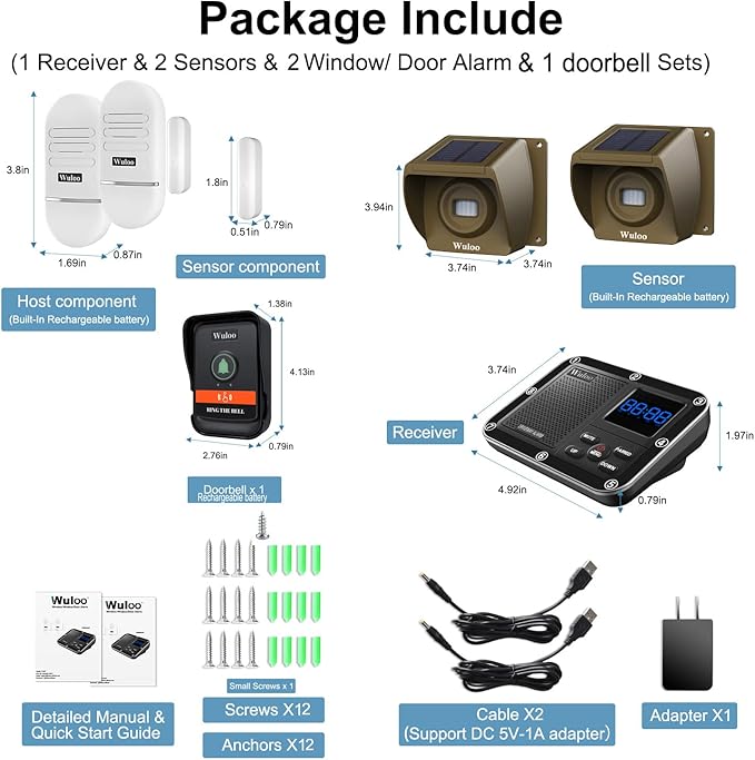 Wireless Alarm System for Home Security Expandable - 6-Piece Kit Include Doorbell, Door Alarm, and Solar Driveway Alarm - Chime/Sensitivity Adjustable NO Wi-Fi NO Monthly Fee With Rechargeable Battery