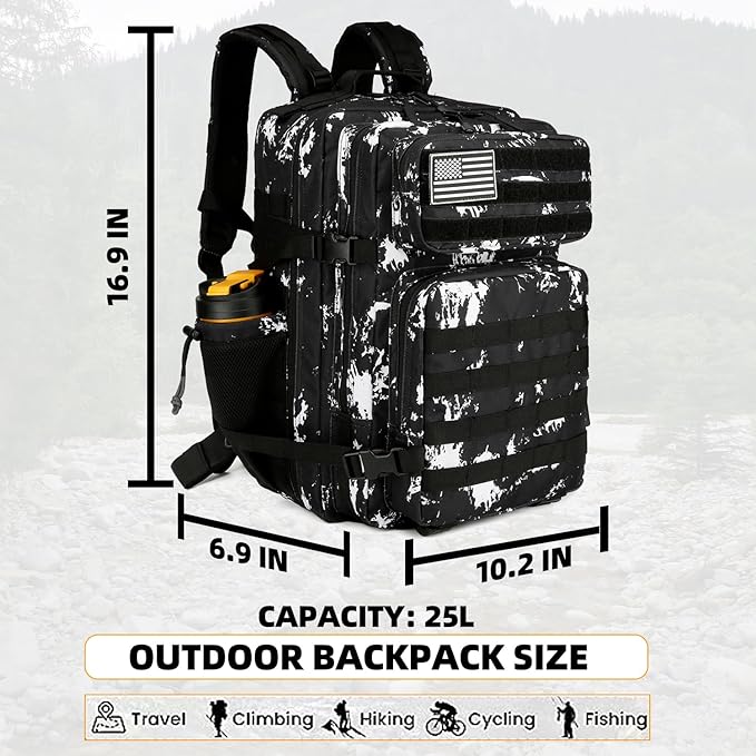 25L Tactical Backpack for Men Women Military Backpack Army Assault Pack Molle Backpack Small Bug Out Bag Travel Rucksack Daypack (Black Lightning)