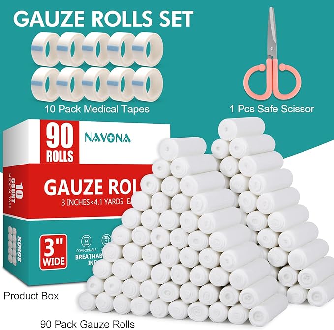 90 Pack Gauze Rolls Bandages, 3 in x 4.1 Yards, Individually Wrapped Breathable Rolled Gauze, Mummy Wraps, Premium First Aid Supplies & Medical Supplies for Wounds
