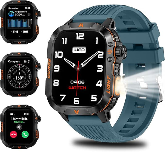 QTLLBT Smartwatch LED Flashlight Barometer Altimeter Compass 2.01HD Fitness Tracker Pedometer Multiple Watch Faces 100+ Sports Modes Sleep Heart Rate for Android iOS Men's Watch (Blue)