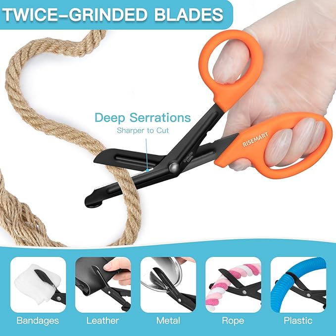 Trauma Shears - RISEMART Medical Scissors Bandage Scissors for Nurses, 7.5" Fluoride Coated Non-stick Blades Stainless Steel Nursing scissors for Doctor, Nurses, Nursing Students, EMS Green+Orange