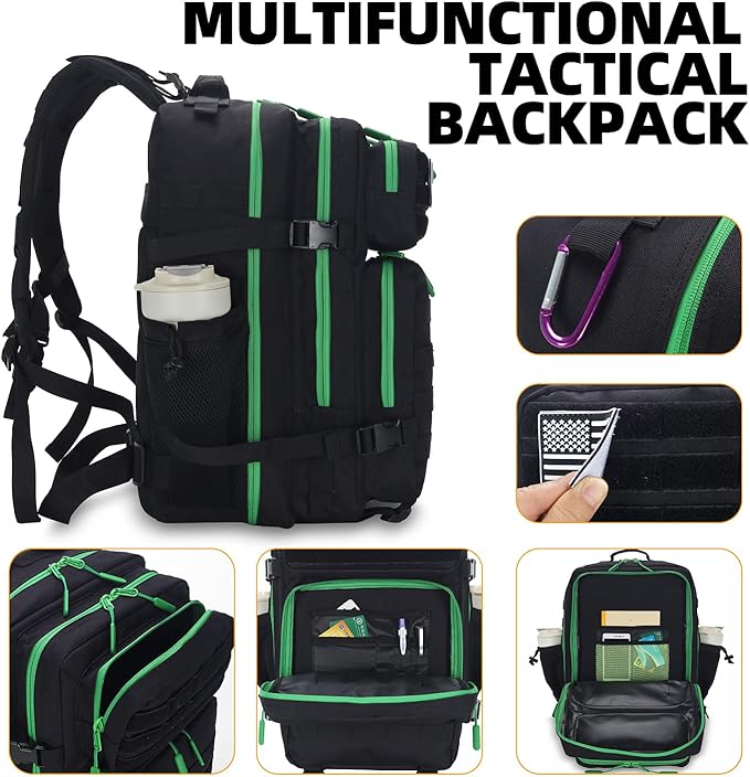 25L Tactical Military Backpack Small Travel Rucksack for Men and Women Assault Pack Bug Out Bag Molle Daypack Gym Backpack with Bottle Holder (Black Neon Green)