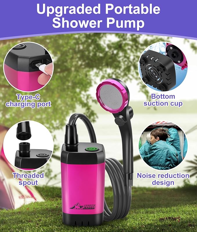 WADEO Portable Shower for Camping, 6000mAh Outdoor Electric Shower Rechargeable Pump with Intelligent Digital Display, Camping Shower Head Nozzle for Camping, Hiking, Traveling, Washing