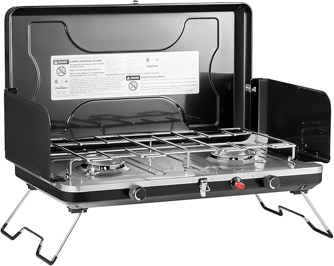 Camping Stove, 2 Burners Portable Propane camp Stove with Regulator, Integrated Igniter & Stainless Steel Drip Tray & Built-in Handle & Foldable Legs for Outdoor Cooking and Travel-20000 BTU