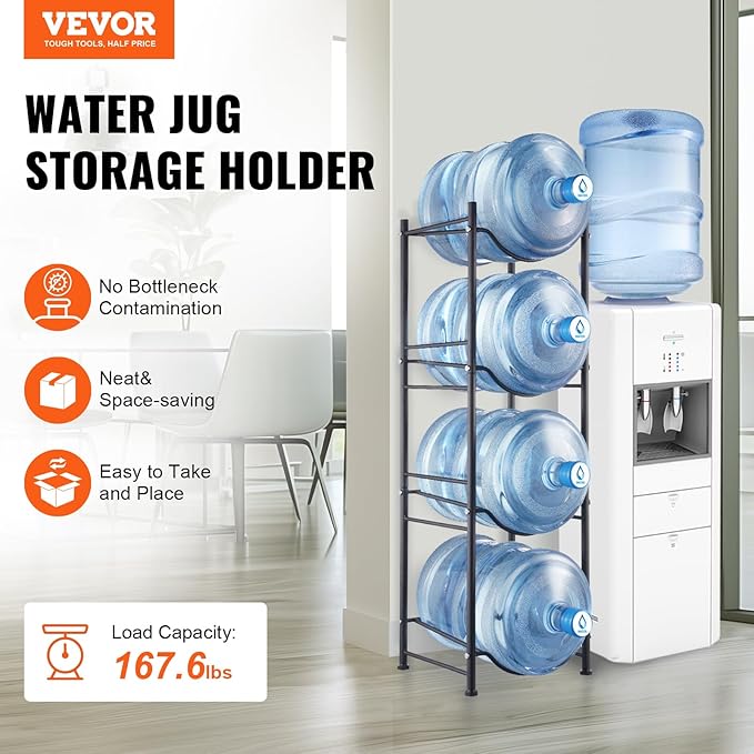 VEVOR 5 Gallon Water Jug Holder, 4 Tiers Water Bottle Holder, Heavy Duty Water Bottle Rack with 4 Slots, Detachable Water Jug Stand for Kitchen, Office, Living Room- Black
