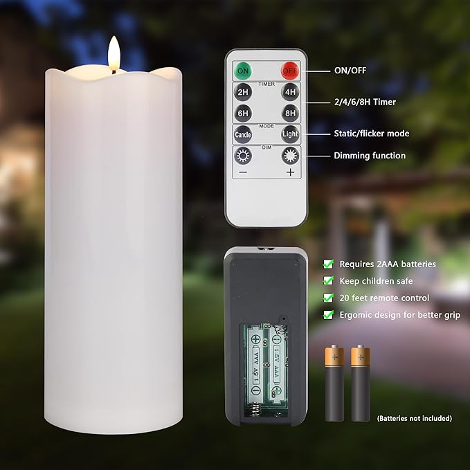 4" x10" Outdoor Flameless Candles with Remote, Large Waterproof Candles Battery Operated, Plastic Flickering LED Candles for Garden Patio Porch Home Party, White 1Pack
