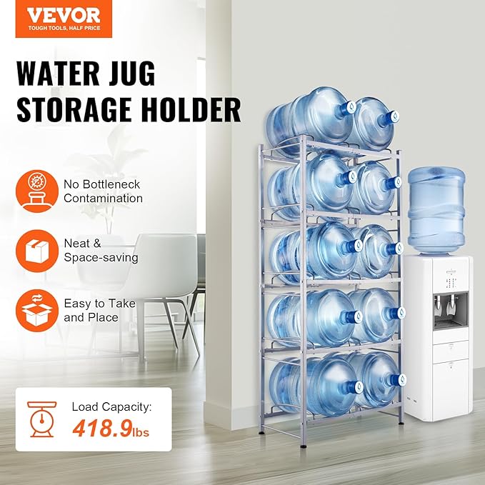 VEVOR 5 Gallon Water Jug Holder, 5 Tiers Double Row Heavy Duty Water Bottle Rack with 10 Slots, Detachable Water Jug Stand for Kitchen, Office, Living Room- Silver