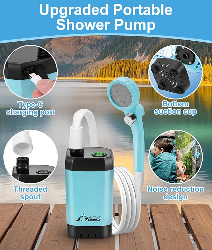 WADEO Portable Shower for Camping, 6000mAh Outdoor Electric Shower Rechargeable Pump with Intelligent Digital Display, Camping Shower Head Nozzle for Camping, Hiking, Traveling, Washing