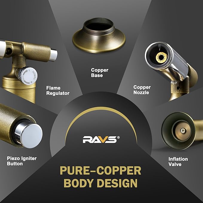 RAVS Copper Butane Torch Lighter, Refillable Kitchen Torch Cooking Torches, Blow Torch with Adjustable Flame, Creme Brulee Torch for Baking, Soldering Torch Gifts for Men, Butane is Not Included