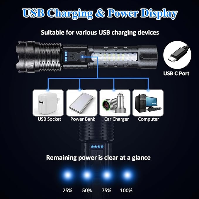 Rechargeable Flashlights 980,000L High Lumens, Super Bright Led Tactical Flashlight Battery Powered with 7 Modes, Side Light, USB C, Waterproof, Zoomable, Powerful Handheld Flash Light