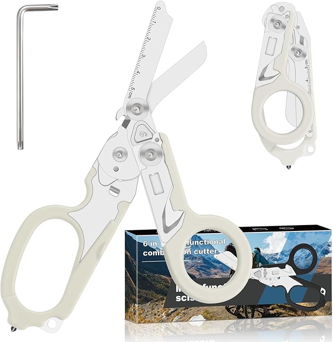 6 in 1 trauma shears, folding emergency shear, Outdoor Camping Tools, Seat Belt Cutter, Oxygen Cylinder Wrench, Complimentary Adjustable Wrench (Luminous Silver)
