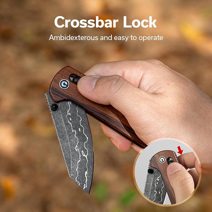 CIVIVI Yonder Folding Pocket Knife for EDC, Crossbar Lock Knife with 2.88" Damascus Blade Wood Handle, Lightweight Knife Gifts for Men Women Camping Hiking, Designed by Zac Whitmore C23073B-DS1