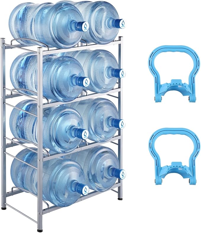 VEVOR 5 Gallon Water Jug Holder, 4 Tiers Double Row Heavy Duty Water Bottle Rack with 8 Slots, Detachable Water Jug Stand for Kitchen, Office, Living Room- Silver
