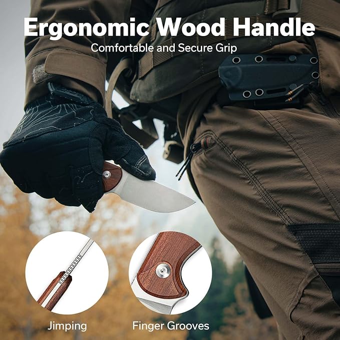 CIVIVI Timberbark Fixed Blade Knife with Kydex Sheath & Clip, 3.2" 14C28N Blade Wood Handle with Lanyard, Ideal EDC Hunting Knife for Outdoor Adventures Camping Hiking C23094-4