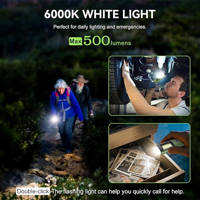 3IN1 EDC Pocket LED Flat Flashlight, USB-C Rechargeable 500 Lumens Compact Bright Handheld Flash Lights, Aluminum Alloy Material with Magnet for Hiking Work and Emergency (Green)