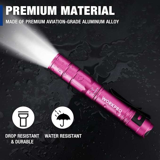 WORKPRO Rechargeable Pen Light, Mini Flashlight, 2 Pack Ultra-Compact EDC Flashlight, Pocket Flashlight with Clip, Memory Function and 2 x USB C Cable Included, Pink