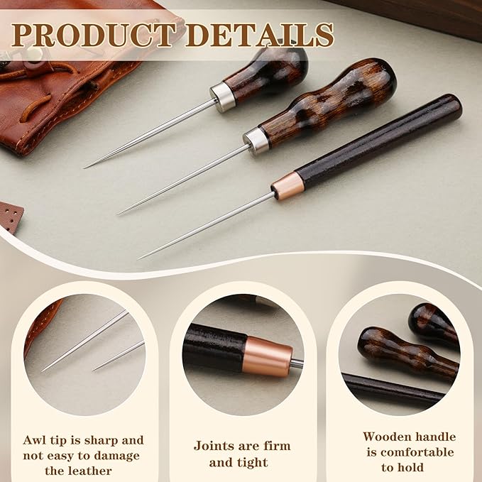 ZXIIXZ 3 Pack Leather Scratch Awl Tool, Awl Tool Sewing with Gourd Shape Wooden Handle for Stitching Punching Sewing, Scratch Awl Tool Supplies for DIY Leather Sewing Punching Craft Repair