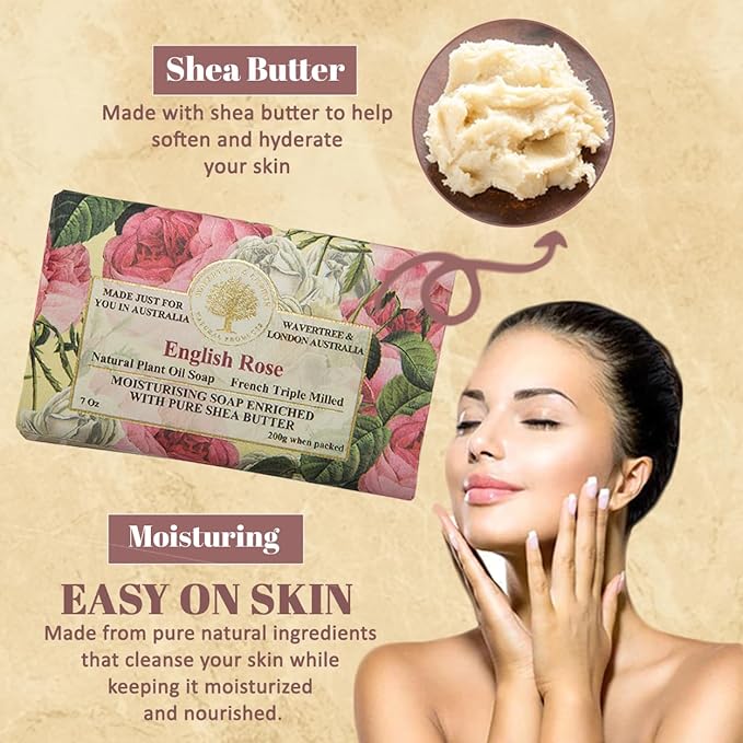 Wavertree & London English Rose Scented Natural Soap Bars for Women & Men (2 x 7oz) – Moisturizing Triple-Milled Soap Bars Enriched with Shea Butter – Plant-Based Bath & Body Bar for All Skin Types