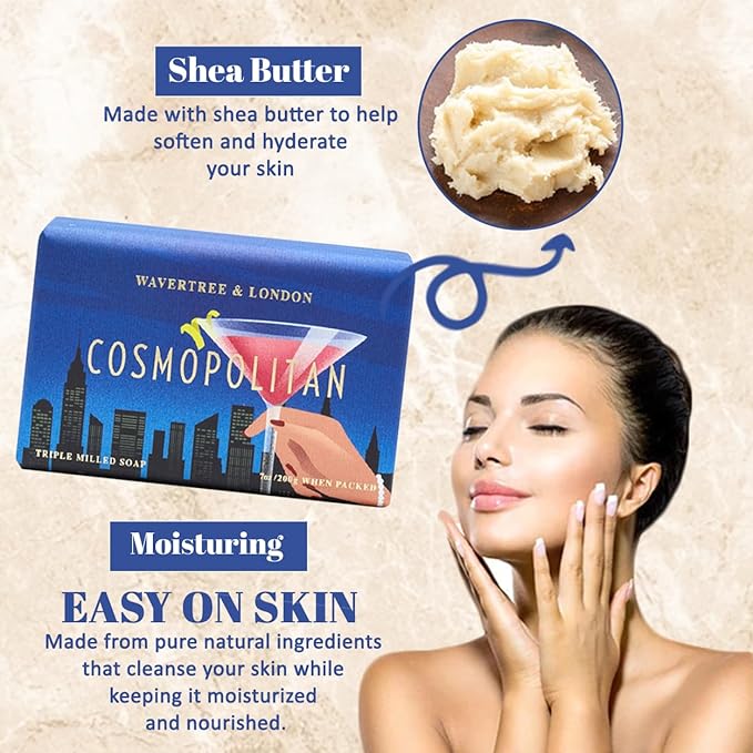 Wavertree & London Cosmopolitan Scented Natural Soap (2 Bars), 7oz Moisturizing French Triple Milled Soap Bars enriched with shea butter - Pure Plant Based Bath & Body Bars for All Skin Types