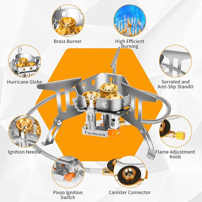 9900W Windproof Camping Gas Stove, Portable Camping Stove with Piezo Ignition, 1LB Propane Tank Adapter, Butane Adapter for Outdoor Cooking, Picnic, Camping and Hiking