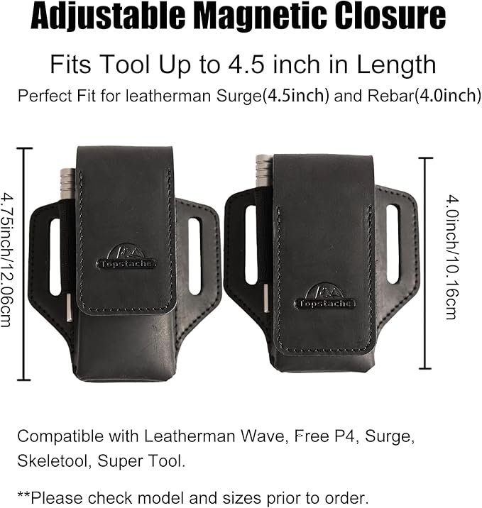 Topstache Leather Multitool Sheath for Belt - Leather Multitool Holder for Belt - EDC Belt Organizer Multitool Pouch - Two Magnetic Closure Multitool Holster - Belt Loop Leather Multitool Case, Black