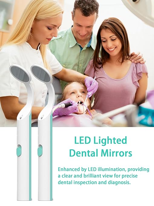 2 Pieces Dental Mirror with Light - LED Lighted Teeth Inspection Mirror, Anti Fog Curve Angle Mouth Mirrors Dentist Oral Assistant Care Tool Accessories (Light Green)