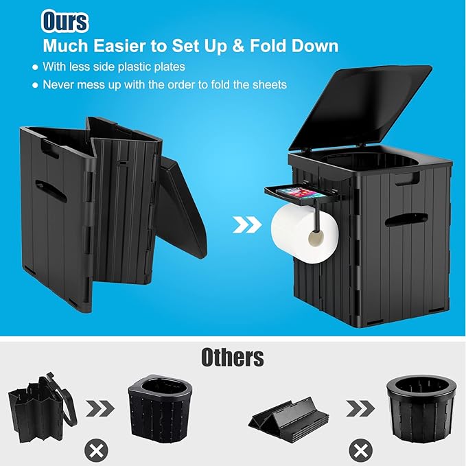 XL Portable Toilet for Adults, 15.4" H Foldable Camping Toilet with Detachable Phone Shelf and Toilet Paper Holder, Waterproof Porta Potty with Lid for Hiking, Long Road Trips, Car