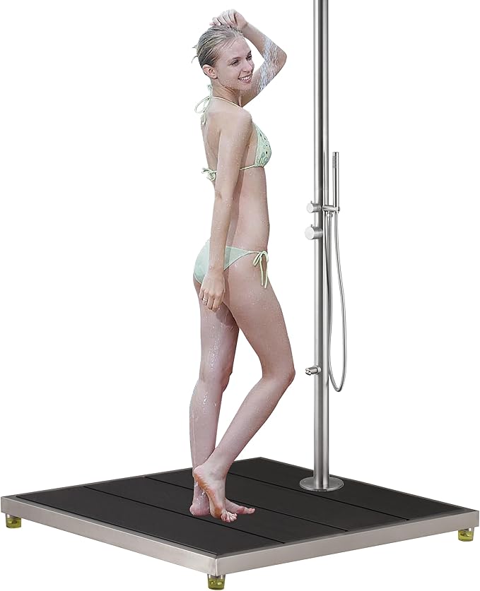 33 * 30" Plastic Wood with Stainless Steel Frame Dark Grey Outdoor Shower Stand Platform, Mount Outdoor Shower Without Using Concrete&Without Calling Plumber, Make Outdoor Shower Movable