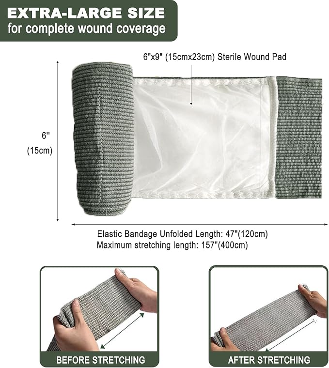 Upgrade Israeli Style Emergency Bandage, 2Pack 6 Inch Compression Bandage for Emergency Wound Dressing, First Aid and IFAK Trauma Military (6Inch-2Pcs)
