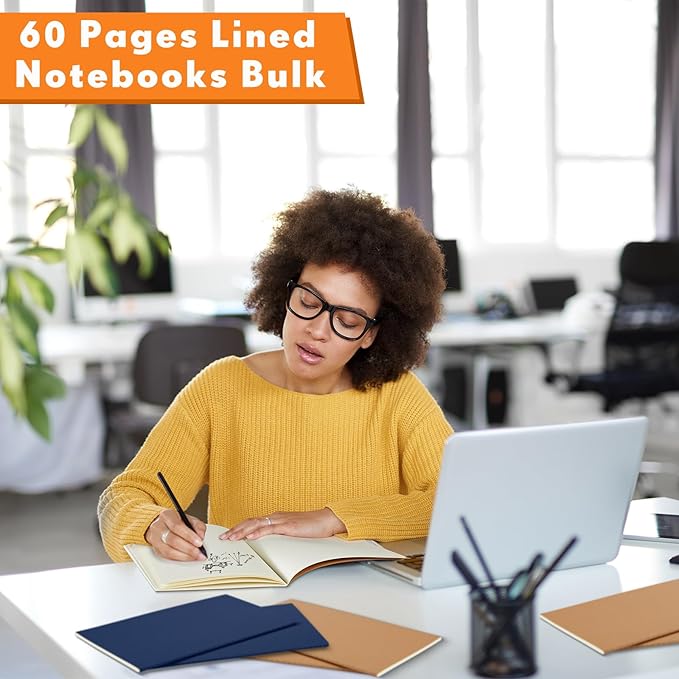 100 Pcs Kraft Notebook Journals 5.5 Inch x 8.3 Inch A5 Softcover Notebooks Bulk for Writing Sketch Office Notepad with 60 Pages 30 Sheets(Brown, Navy,Lined)