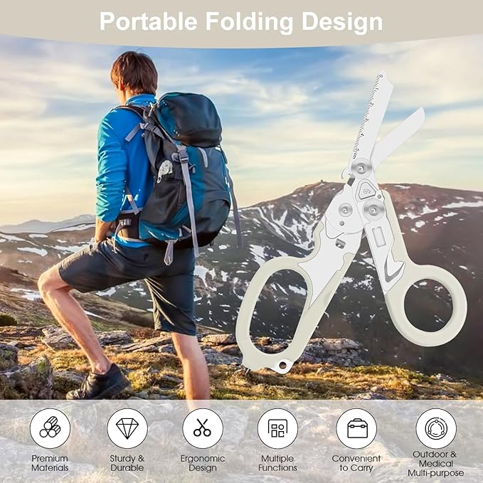 6 in 1 trauma shears, folding emergency shear, Outdoor Camping Tools, Seat Belt Cutter, Oxygen Cylinder Wrench, Complimentary Adjustable Wrench (Luminous Silver)