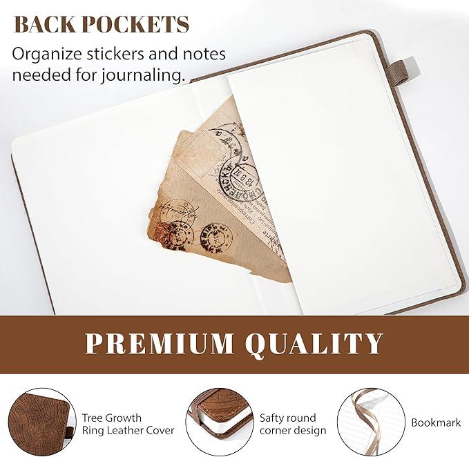 CAGIE Lined Journal for Men Women, Tree Growth Ring Leather Bound Journal Notebook, 256 Pages 100 GSM Journals for Writing, A5 Hardcover Journaling Notebooks,2 Pack (Brown & Khaki)