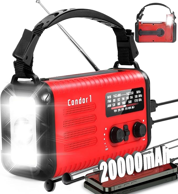 20000mAh / 74000mWh Emergency Radio, Solar Hand Crank Radio AM/FM/NOAA Weather Radio, Battery Powered with Cell Phone Charger, SOS Alarm, Flashlight & Reading Lamp (Red)
