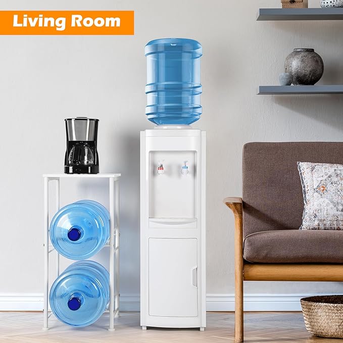 5 Gallon Water Jug Holder Water Dispenser Stand with Top Shelf, 5 Gal Water Bottle Holder with 2 Slots Round Metal Frame for Kitchen, Dining Room, Office, White