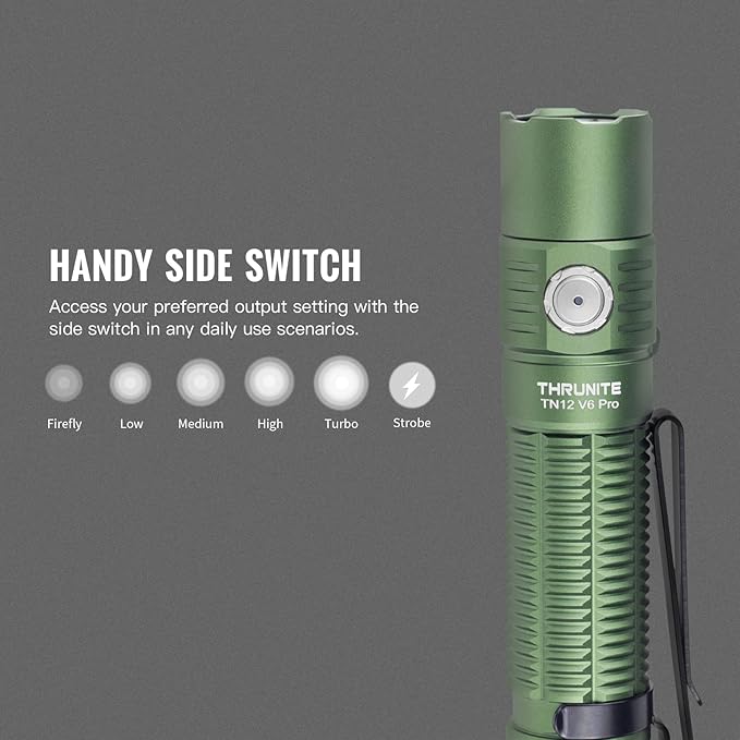 ThruNite TN12 V6 Pro Tactical LED Flashlight, High 1705 Lumens Dual Switch, USB-C Rechargeable Flashlight Compact for EDC, Law Enforcement, and Outdoor Use (Green)