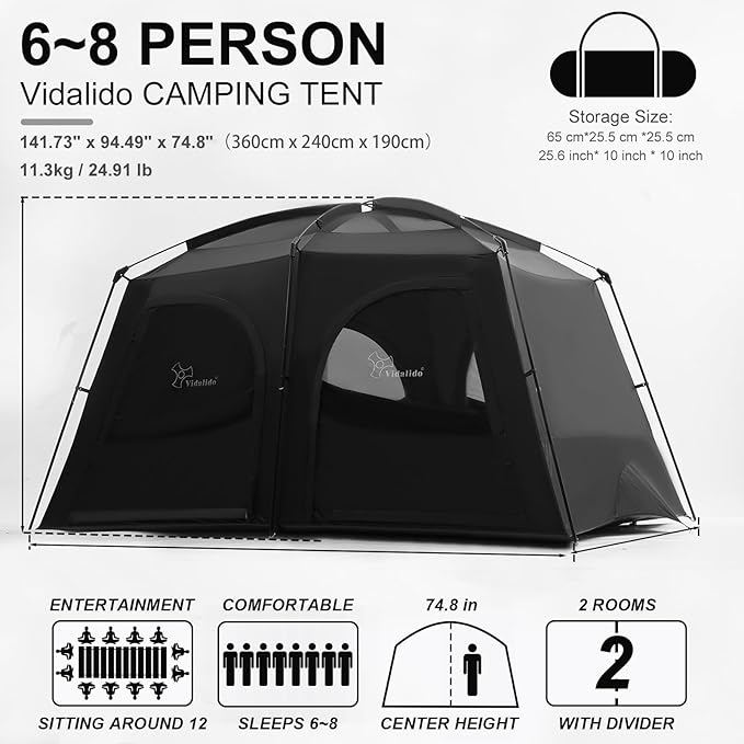 Vidalido Tents,6-8 Person Camping Tent with Extended Vestibule,2 Room Weather Resistant Family Tents,Easy Install Waterproof Outdoor Tent for Backpacking and Camping Hiking