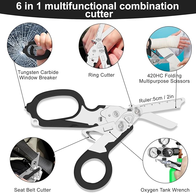 6 in 1 trauma shears, Folding Retractable Emergency Shears, Outdoor Camping Tools, Seat Belt Cutter, Oxygen Cylinder Wrench, Complimentary Adjustable Wrench (black)