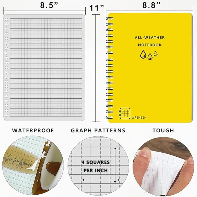 2PCS Large Waterproof Spiral Notebooks 8.5x11 Inch with Waterproof Stone Paper and Hard Cover, Grid Pattern, 100 Pages Per Weatherproof Notepad A4 Size for Outdoor Field (8.5" x 11", Yellow)