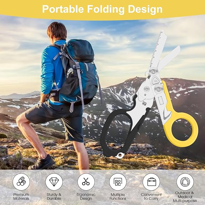 6 in 1 trauma shears, folding emergency shear, Outdoor Camping Tools, Seat Belt Cutter, Oxygen Cylinder Wrench, Complimentary Adjustable Wrench (Black Yellow)