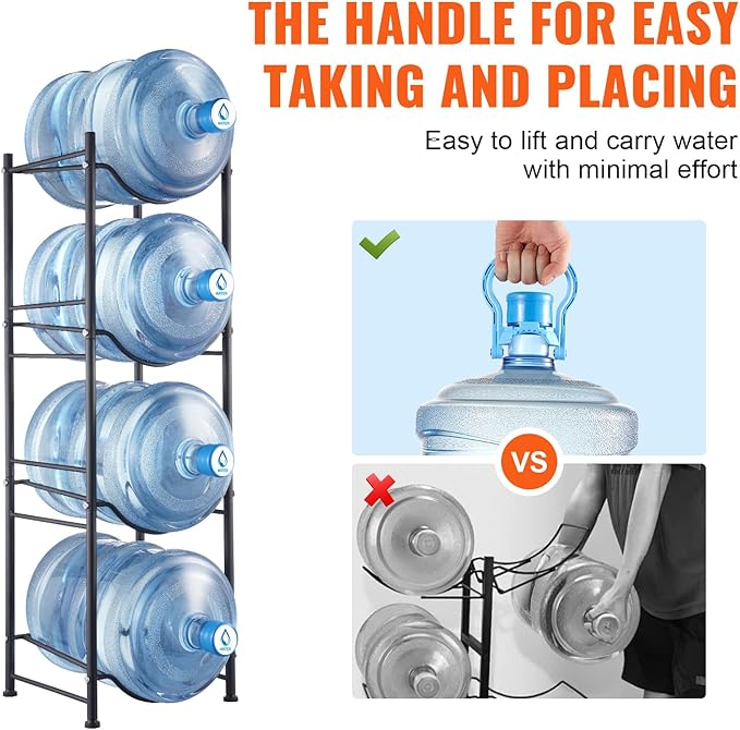 VEVOR 5 Gallon Water Jug Holder, 4 Tiers Water Bottle Holder, Heavy Duty Water Bottle Rack with 4 Slots, Detachable Water Jug Stand for Kitchen, Office, Living Room- Black