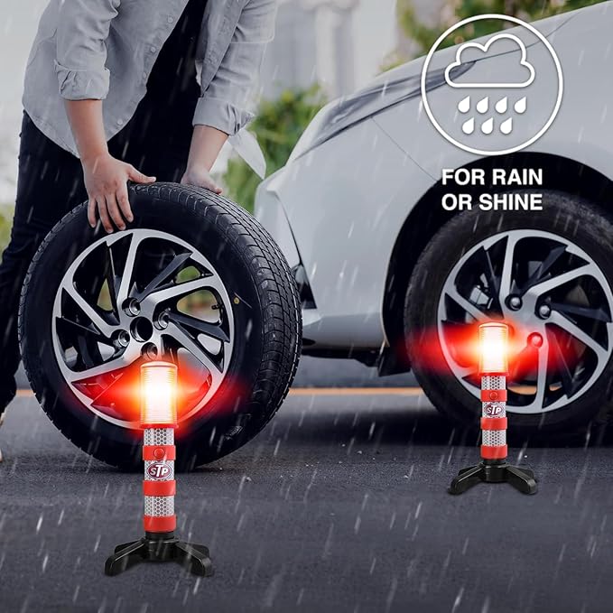 XTREME STP Emergency LED Road Flares, 3 Separate Lighting Modes: Flashing Red, Solid Red and White Flashlight, Visible From Up To A Mile, Foldable Stands/Built-In Magnet Sticks To Car