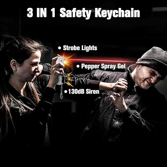 3-in-1 Personal Safety Alarm with Pepper Spray Gel for Women Self Defense Keychain, Defence Protection Tools, Refillable Cartridge, Extremely Loud 140dB Whistle, Led Flash Light, Safe Gifts for Teens