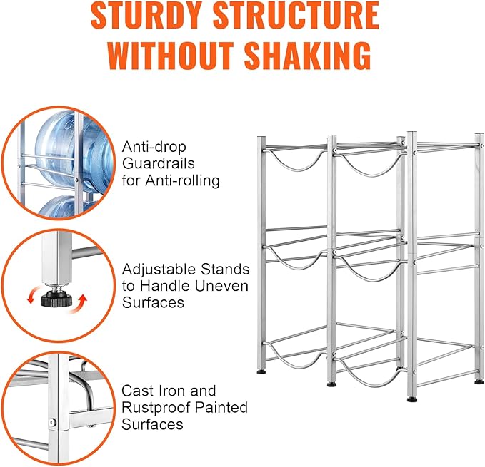 VEVOR 5 Gallon Water Jug Holder, 3 Tiers Double Row Heavy Duty Water Bottle Rack with 6 Slots, Detachable Water Jug Stand for Kitchen, Office, Living Room- Silver