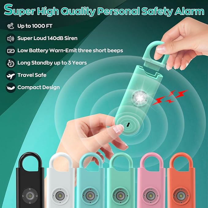 140dB Personal Safety Alarm for Women, 6 Pack Safe Alarm Protection Keychain with Strobe Light & Low Battery Notice, Security Siren Self Defense for Kids Seniors College Girls, Multicolor