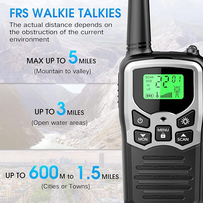 Walkie Talkies with 22 FRS Channels, MOICO Walkie Talkies for Adults with LED Flashlight VOX Scan LCD Display, Long Range Family, Radios for Hiking Camping Trip (Silver, 4 Pack)