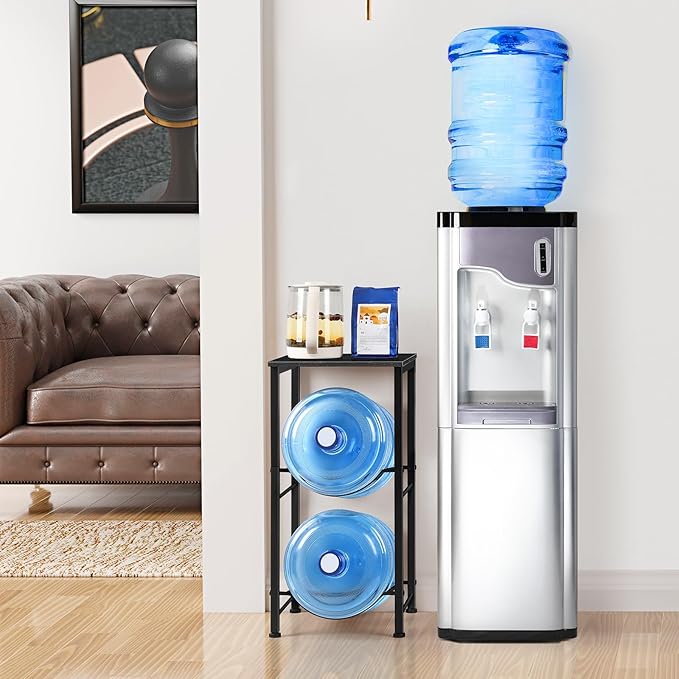 Water Jug Holder 5 Gallon Water Bottle Holder Stand With Storage Shelf, 2 Tier 5 Gal Water Jug Storage Rack with 2 Slots for Kitchen Living Room Home Office, Black