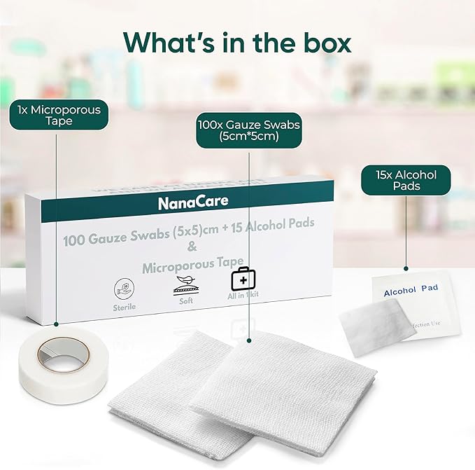 100 pc Large Gauze Pads Sterile for Wounds Bulk 2x2 | Includes 15 Alcohol Wipes & 1 Medical Tape | Non Stick Gauze Pads Sponges | Breathable Mesh First Aid Medical Supplies for Wound Care